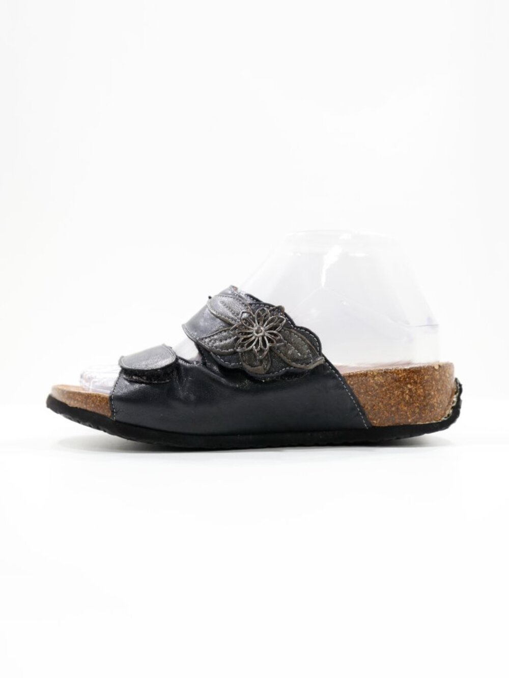 Think! Black Leather Floral Adjustable Footbed Sandals - 6/EU 37